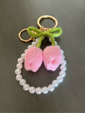 Light Pink Tulip Flower Floral Crochet White Pearl Chain Gold 4.5” Bag Charm